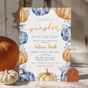 Blue Chinoiserie Orange Pumpkin Baby Shower Invitation