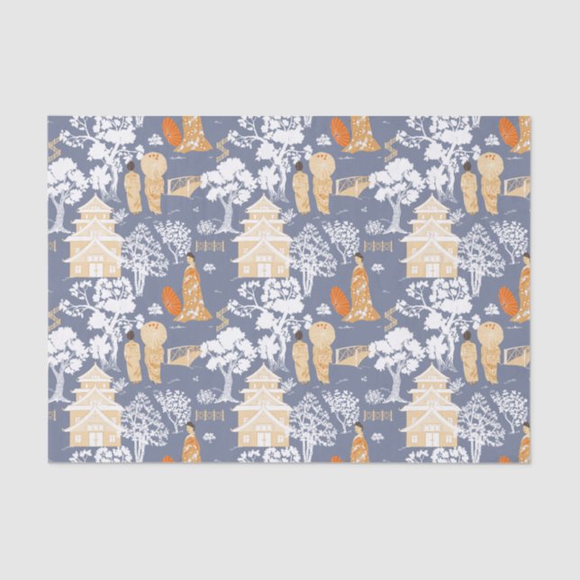 Blue Chinoiserie Pagodas Tissue Paper (Front)