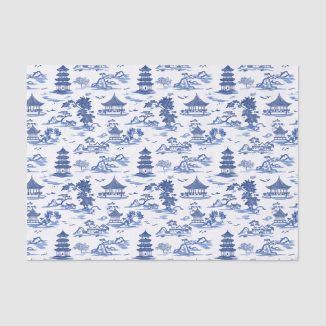 Blue Chinoiserie Pagodas Toile Tissue Paper (Front)