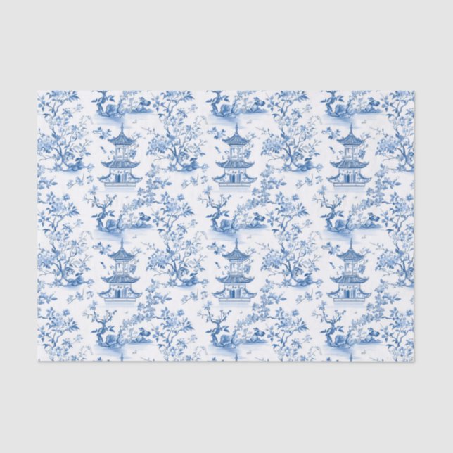 Blue Chinoiserie Pagodas Toile Tissue Paper (Front)