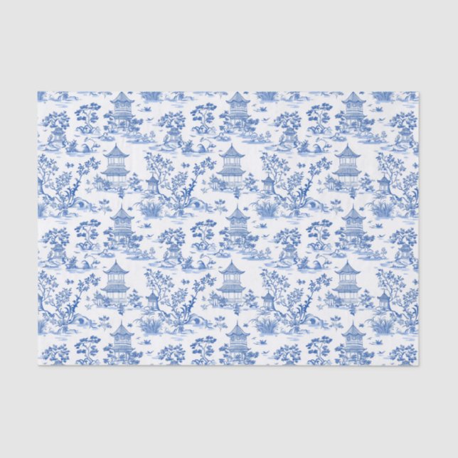 Blue Chinoiserie Pagodas Toile Tissue Paper (Front)