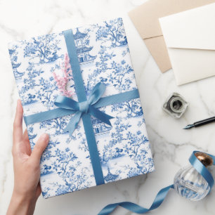 Blue Chinoiserie Pagodas Toile Wrapping Paper