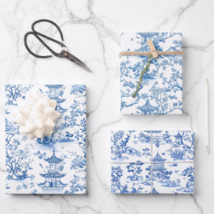 Blue Chinoiserie Pagodas Toile Wrapping Paper Sheet