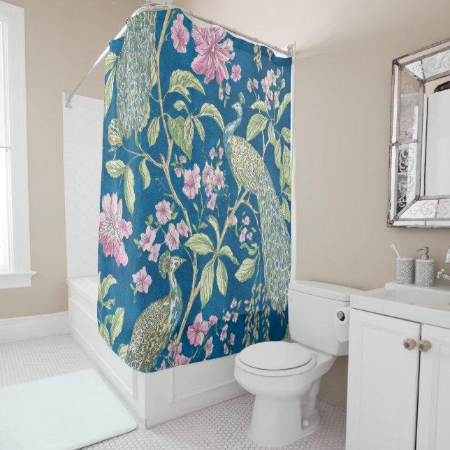 Blue Chinoiserie peacock floral  Shower Curtain (In Situ)