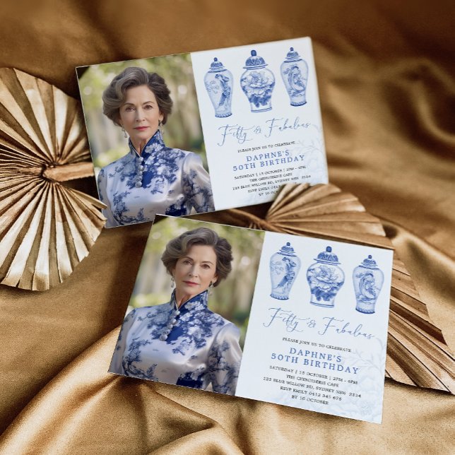Blue Chinoiserie Porcelain 50th Birthday Photo Invitation (Creator Uploaded)