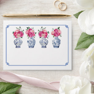 Blue Chinoiserie Porcelain Pink Peonies Wedding Envelope