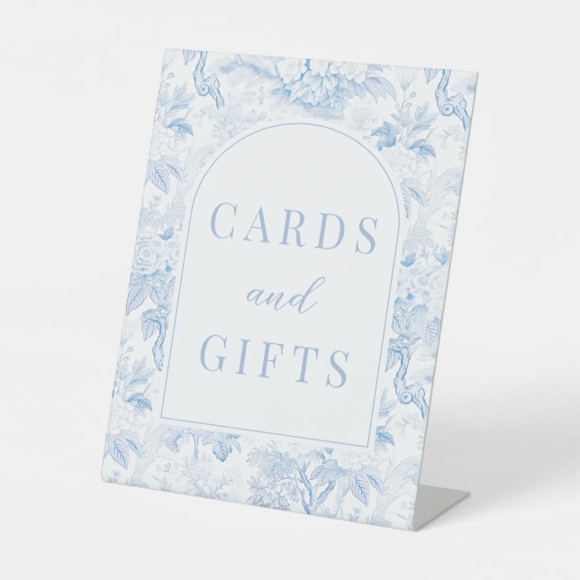 Blue chinoiserie porcelain wedding cards and gifts pedestal sign (Front)