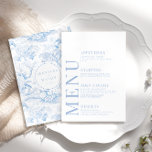 Blue chinoiserie porcelain wedding menu cards<br><div class="desc">Enhance your timeless wedding celebration with an elegant menu card. Showcasing a delicate pattern of white and light blue flowers,  this refined design is complemented by a personalised touch—the bride and groom monogram on the back,  creating a memorable and distinctive element for your special day.</div>