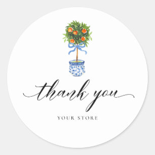 Blue Chinoiserie Pottery Orange Topiary Thank You Classic Round Sticker