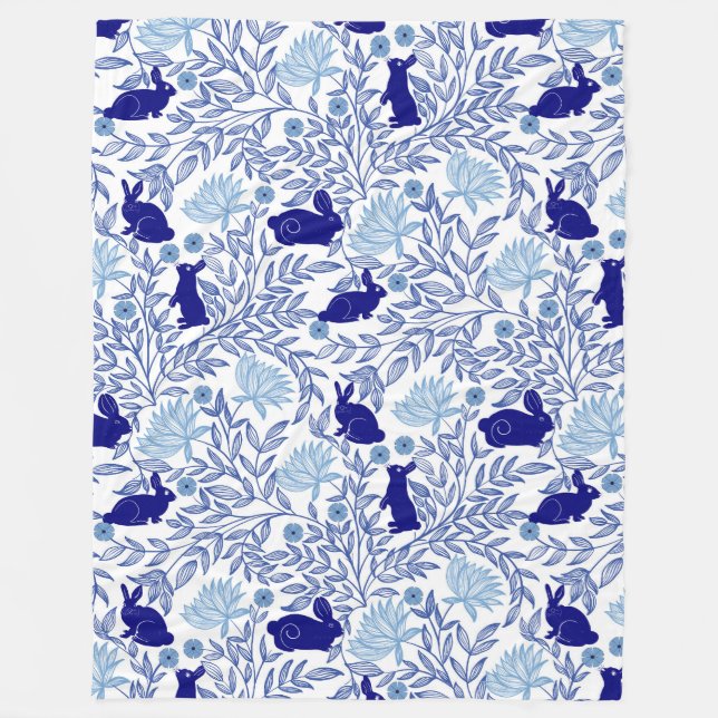 Blue Chinoiserie Rabbit–Elegant Vintage Bunny Fleece Blanket (Front)