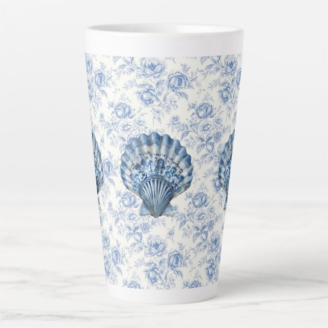 Blue Chinoiserie Shell Large Ceramic Latte Mug (Front)