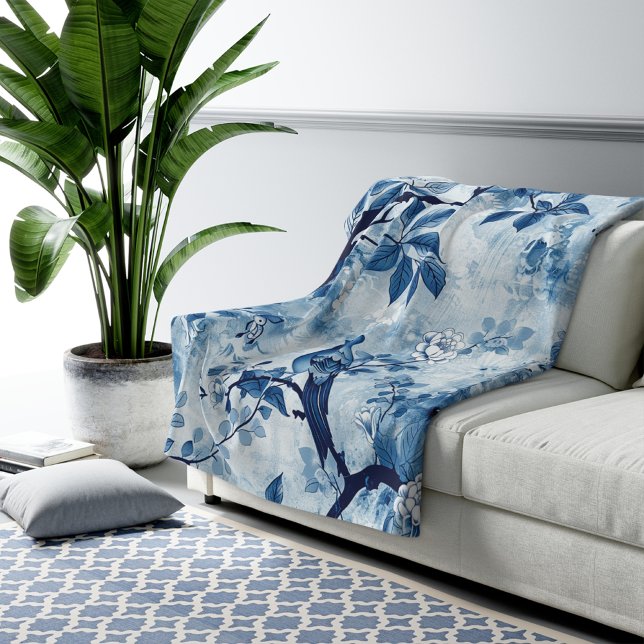 Blue Chinoiserie Sherpa Blanket Gift for Women (blue chinoiserie blanket, French toile blanket, Asian French toile sherpa, birthday gift for her,)