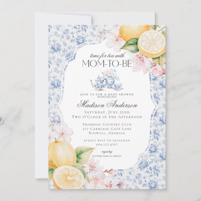 Blue Chinoiserie Tea Party Baby Shower Toile Invitation (Front)