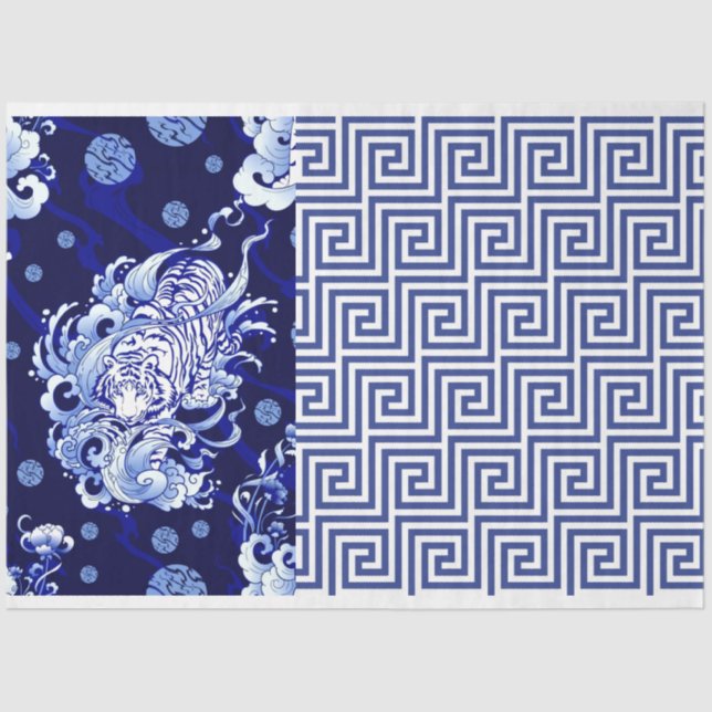 Blue Chinoiserie Tiger Blue Flow Decoupage Tissue Paper (Front)