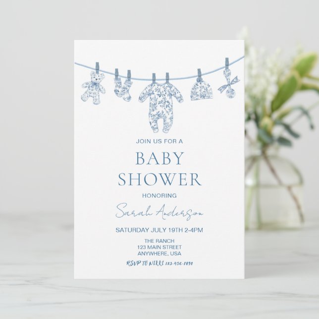 Blue Chinoiserie Toile baby clothes Baby Shower Invitation (Standing Front)