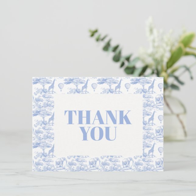 Blue Chinoiserie Toile de Jouy Baby Shower Thank You Card (Standing Front)
