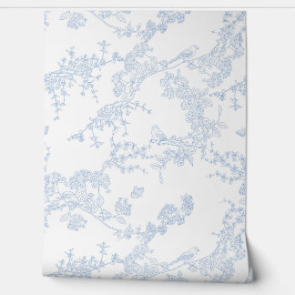 Blue Chinoiserie Toile de Jouy Birds Floral Garden Wallpaper