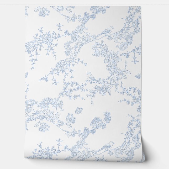 Blue Chinoiserie Toile de Jouy Birds Floral Garden Wallpaper (Unrolling)