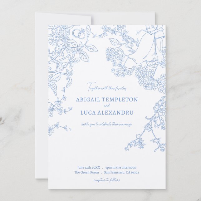 Blue Chinoiserie Toile de Jouy Wedding Invitation (Front)