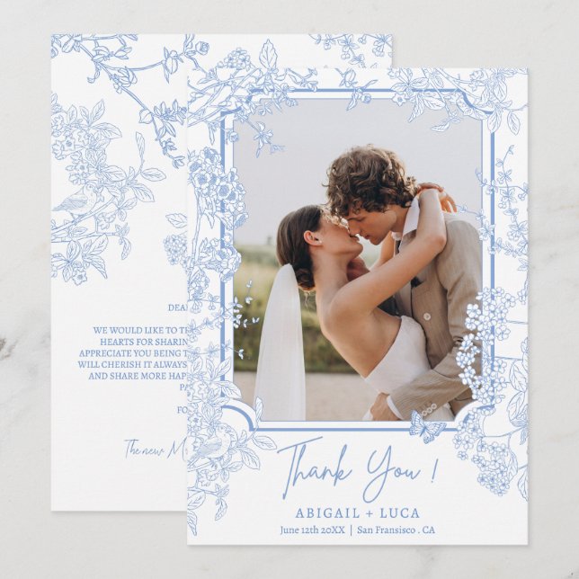 Blue Chinoiserie Toile de Jouy Wedding Photo Thank You Card (Front/Back)