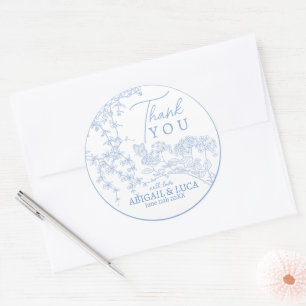 Blue Chinoiserie Toile de Jouy Wedding Program Classic Round Sticker