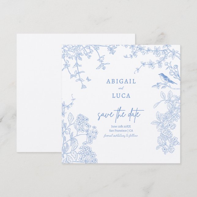 Blue Chinoiserie Toile de Jouy Wedding Save Date Invitation (Front/Back)