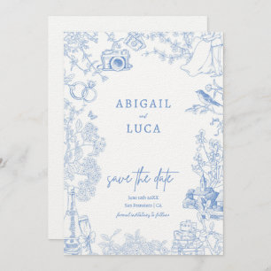 Blue Chinoiserie Toile de Jouy Wedding Save Date Invitation