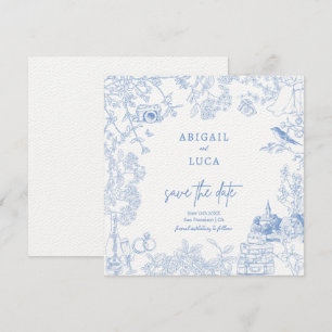 Blue Chinoiserie Toile de Jouy Wedding Save Date Invitation