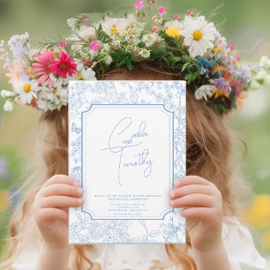 Blue Chinoiserie Toile de Jouy Wedding Save Date Invitation