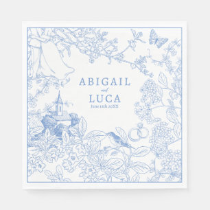 Blue Chinoiserie Toile de Jouy Wedding Save Date Napkin