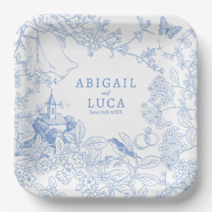 Blue Chinoiserie Toile de Jouy Wedding Save Date Paper Plate