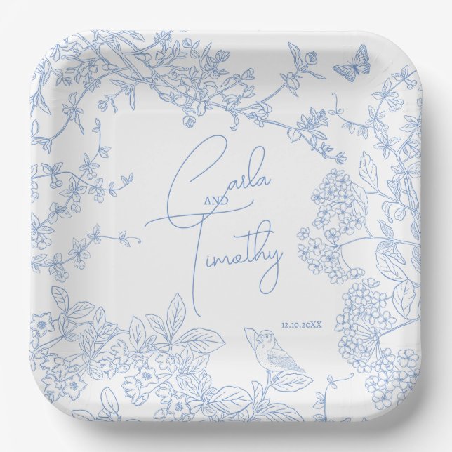 Blue Chinoiserie Toile de Jouy Wedding Save Date Paper Plate (Front)