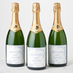Blue Chinoiserie Toile de Jouy Wedding Save Date Sparkling Wine Label