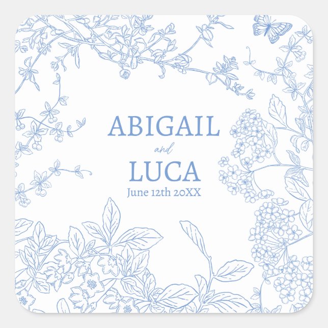 Blue Chinoiserie Toile de Jouy Wedding Save Date Square Sticker (Front)