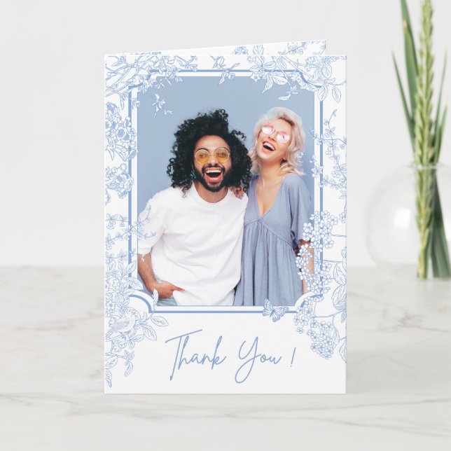 Blue Chinoiserie Toile de Jouy Wedding Save Date Thank You Card (Front)