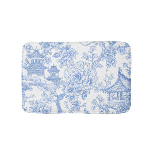 Blue Chinoiserie Toile Dragon Cherry Blossom Bath Mat