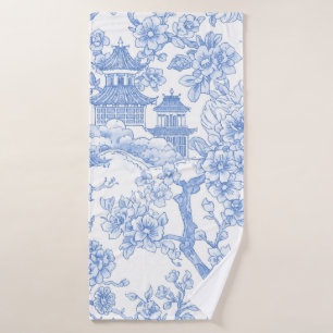 Blue Chinoiserie Toile Dragon Cherry Blossom Bath Towel