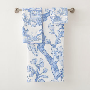 Blue Chinoiserie Toile Dragon Cherry Blossom Bath Towel Set