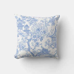 Blue Chinoiserie Toile Dragon Cherry Blossom Cushion