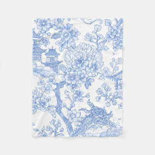Blue Chinoiserie Toile Dragon Cherry Blossom Fleece Blanket