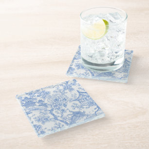 Blue Chinoiserie Toile Dragon Cherry Blossom Glass Coaster