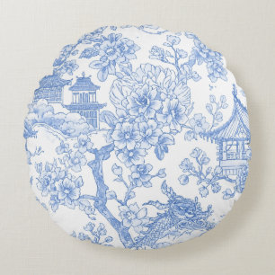 Blue Chinoiserie Toile Dragon Cherry Blossom Round Cushion