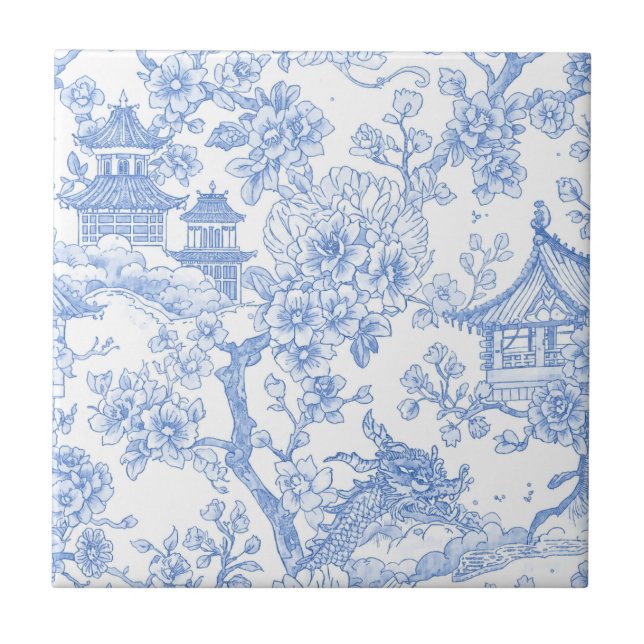 Blue Chinoiserie Toile Dragon Cherry Blossom Tile (Front)