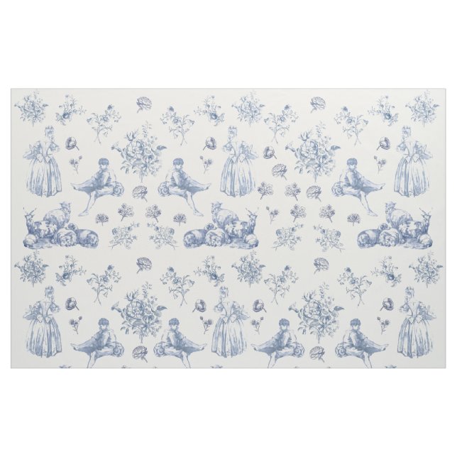 Blue Chinoiserie Toile Floral Pastoral French      Fabric (Yard)