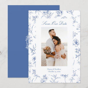 Blue Chinoiserie Toile Flowers Photo Save The Date