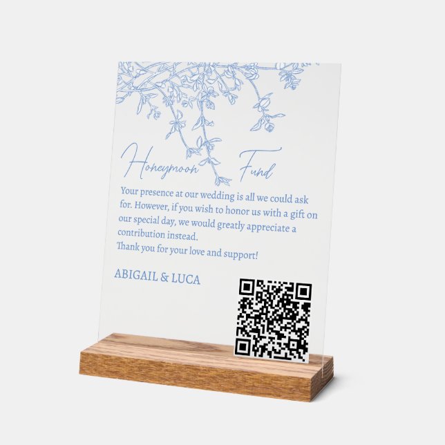 Blue Chinoiserie Toile Honeymoon Fund Wishing Well Acrylic Sign (Angle)