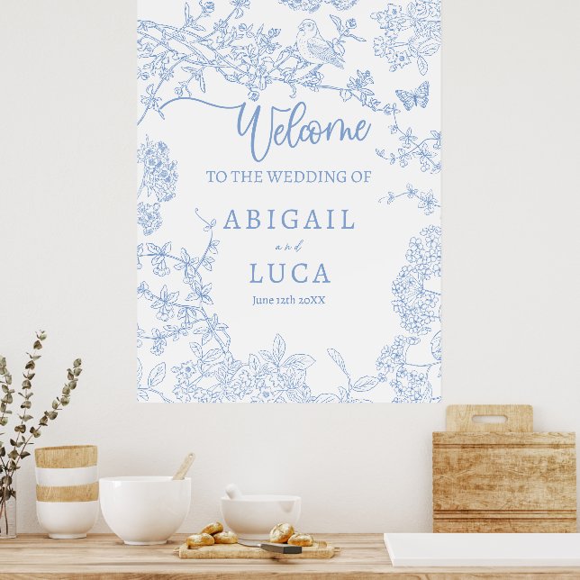 Blue Chinoiserie Toile Jouy Wedding Welcome Sign (Kitchen)
