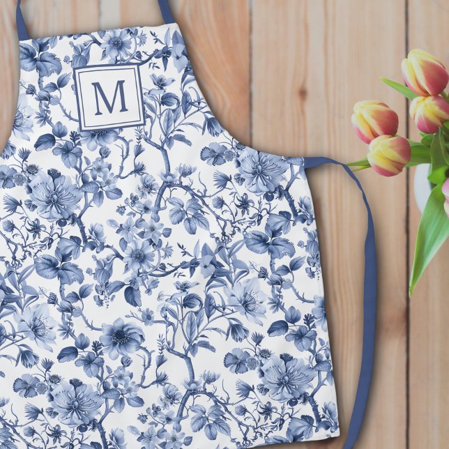Blue Chinoiserie Toile Pattern Monogram Apron (Creator Uploaded)