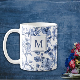 Blue Chinoiserie Toile Pattern Monogram Coffee Mug