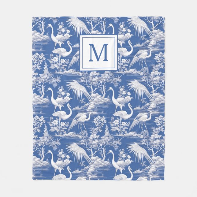 Blue Chinoiserie Toile Pattern Monogram Fleece Blanket (Front)